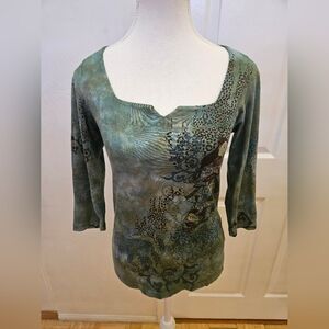 NEW Y2K GLIMA Green Blue Tie Dye Printed Jaguar 3/4 Sleeve Cotton Blouse Top S